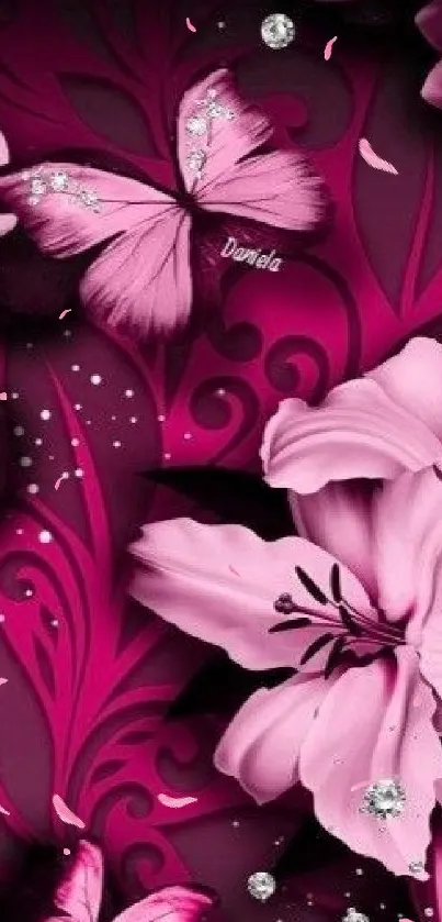 Pink butterfly and floral mobile wallpaper with vibrant colors.