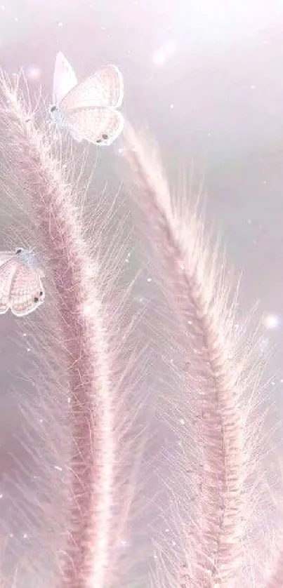 Delicate pink butterflies among soft feathery plants on a light pink background.