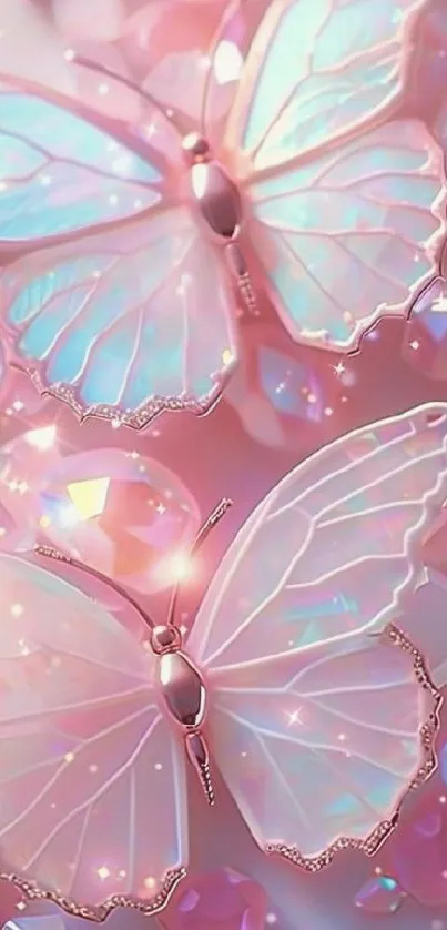 Pink and sparkling butterfly wallpaper with gemstones.