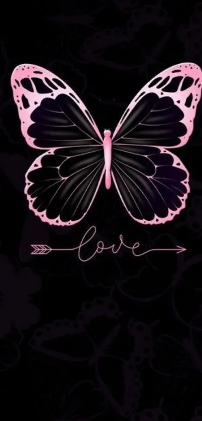 Pink butterfly wallpaper with 'love' text on black background.