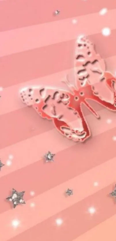 Pink butterfly and stars on a striped background.