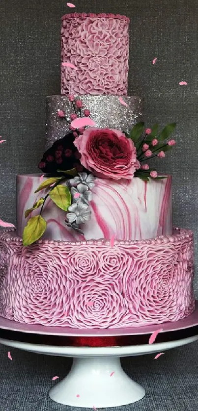 Elegant pink cake with roses and silver accents on a stand.