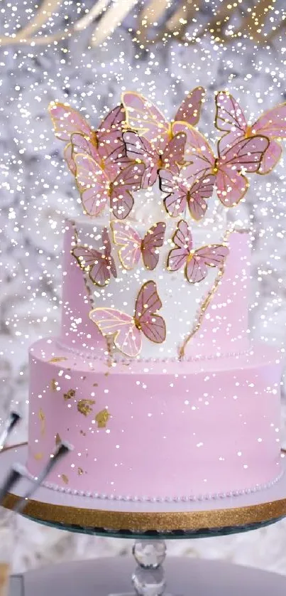 Charming pink cake with butterfly decorations, elegant and whimsical.