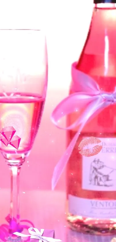 Romantic pink-themed mobile wallpaper with wine glasses and a bottle.