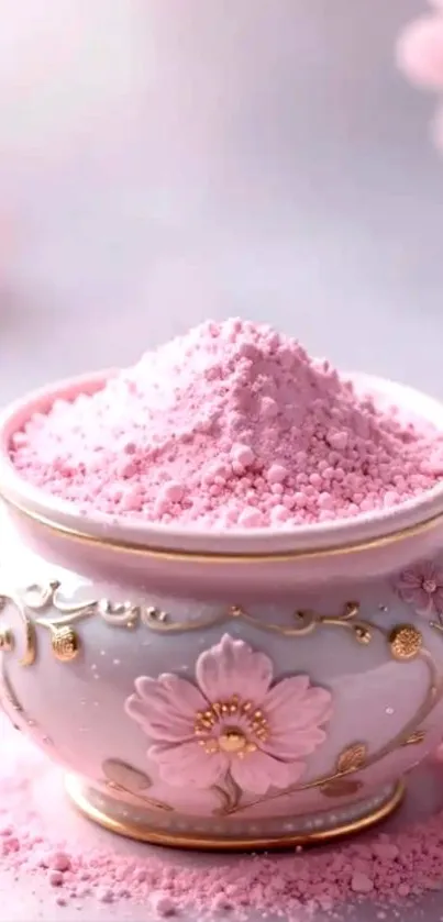 Exquisite pink ceramic bowl with floral design and powder.
