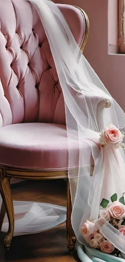 Luxurious pink chair with roses and sheer drape.