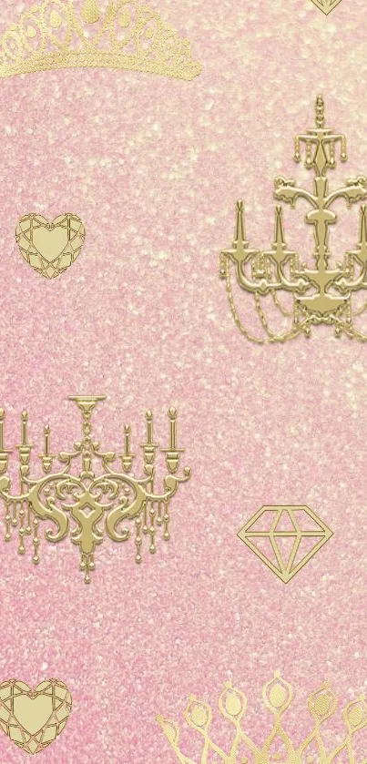 Elegant pink wallpaper with gold chandeliers, diamonds, hearts, and crowns.