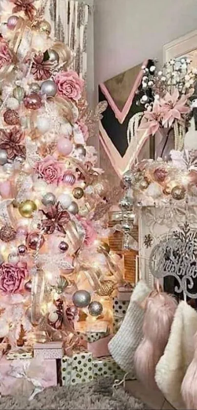 Pink Christmas decor with elegant tree and ornaments.