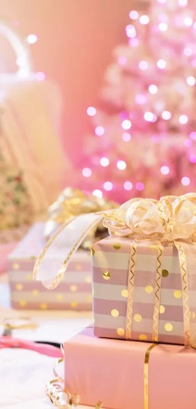 Elegant pink Christmas setting with gifts and tree.