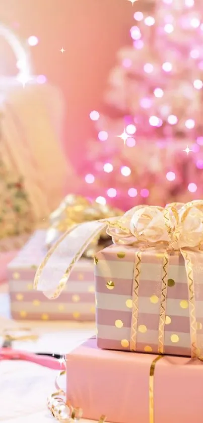 Pink Christmas gifts with twinkling lights on a bed.