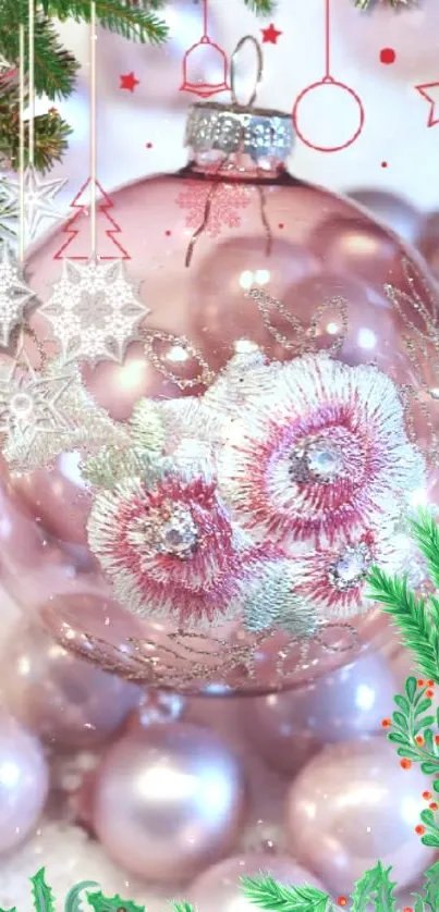 Elegant pink Christmas ornament with delicate designs and festive background.