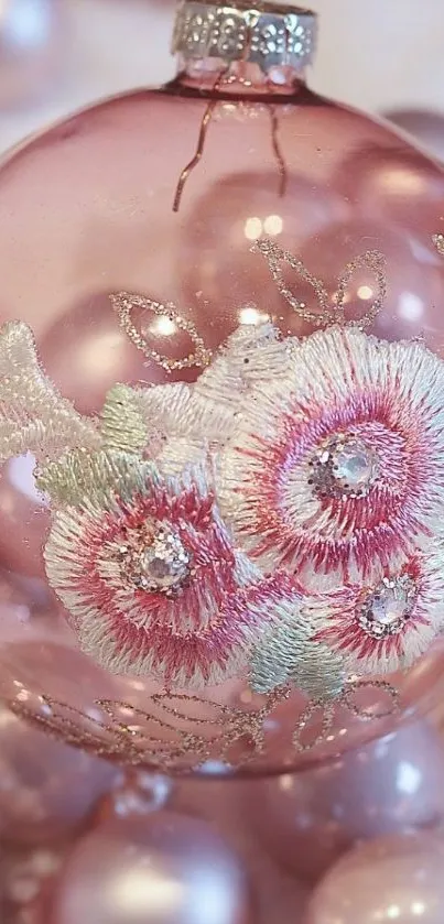 Elegant pink Christmas ornament with floral embroidery.