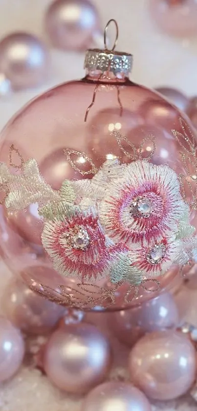 Pink ornament with floral embroidery on a snowy background.