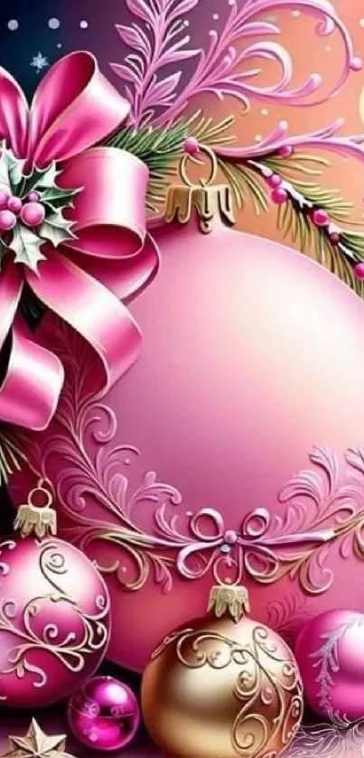 Elegant pink Christmas ornaments with festive designs and decorations.