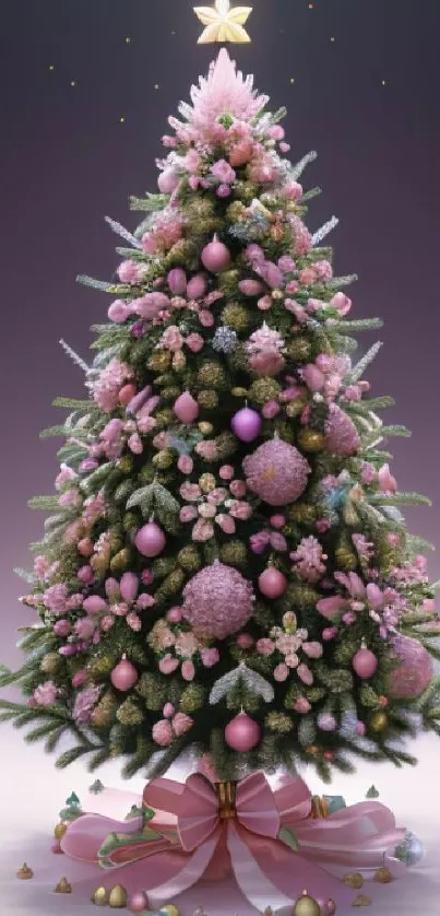 Pink decorated Christmas tree with ornaments and star.