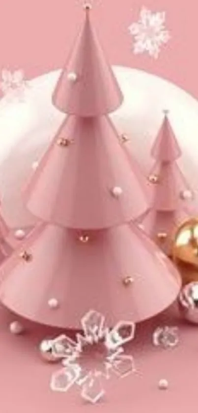 Elegant pink Christmas tree wallpaper with festive ornaments.