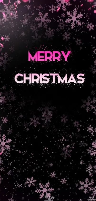 Pink Christmas wallpaper with snowflakes and festive decorations on black background.