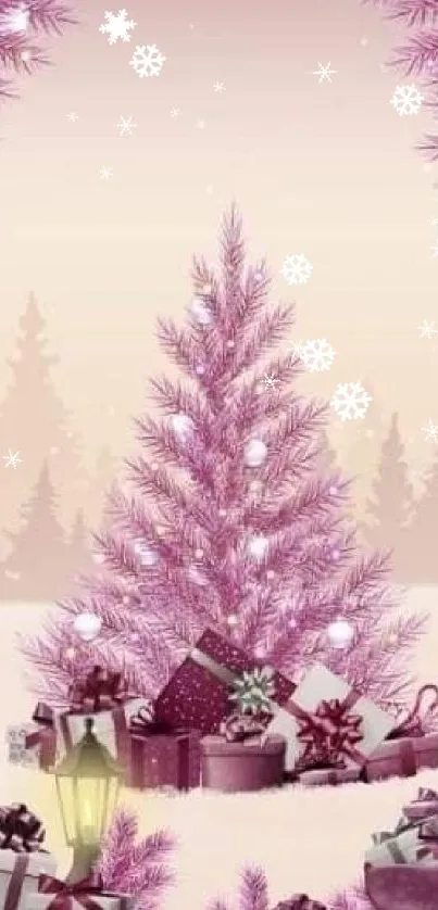 Pink Christmas tree with gifts and snow in elegant mobile wallpaper.