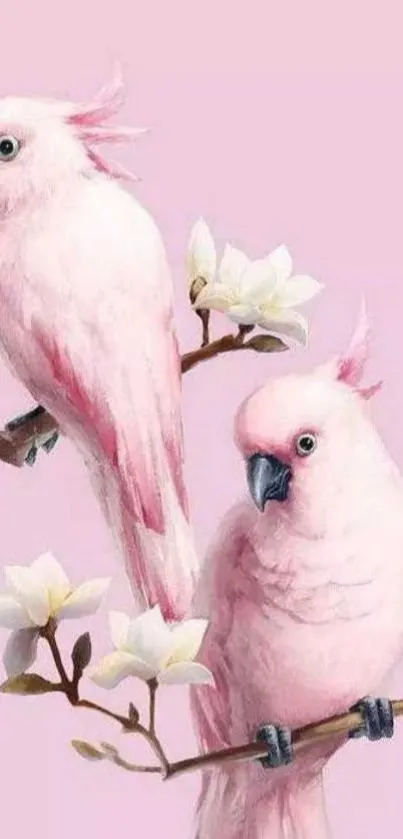 Two elegant pink cockatoos on branches with a pastel background.