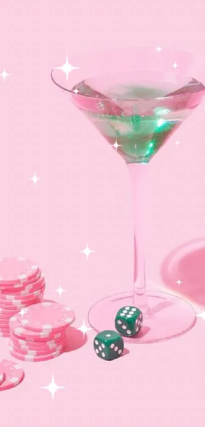 Mobile wallpaper with a pink cocktail glass and poker chips.