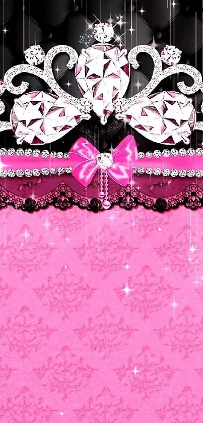 Elegant pink crown mobile wallpaper with jewels and sparkles.