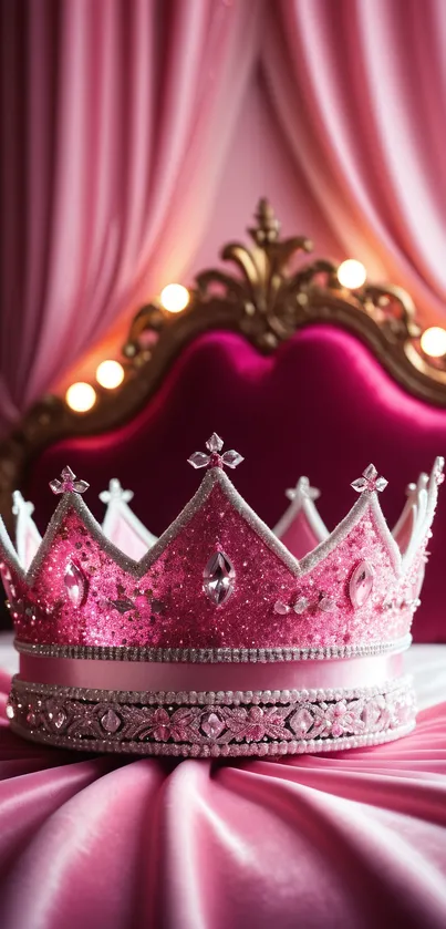 Elegant pink crown with jewels on luxurious fabric.