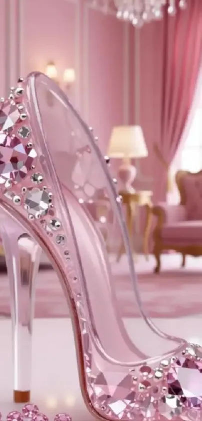 Crystal-adorned pink high heel in elegant room.
