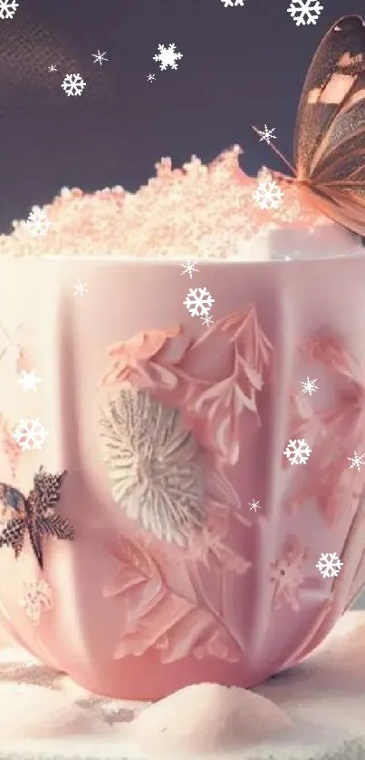 A pink decorative cup topped with sugar and a butterfly resting on it.