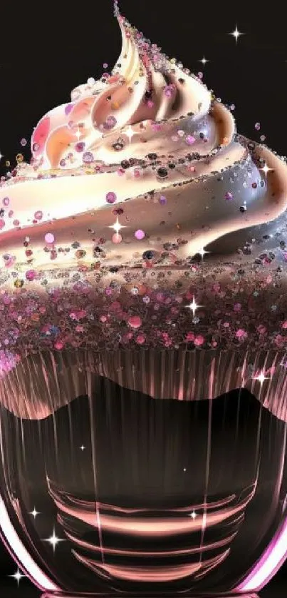 Elegant glass cupcake with pink frosting and glitter as a mobile wallpaper.