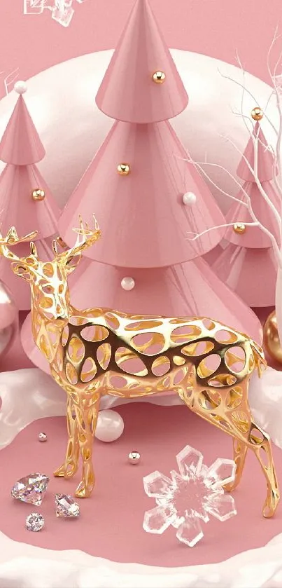 Elegant winter pink scenery with a golden deer and stylized pink trees.