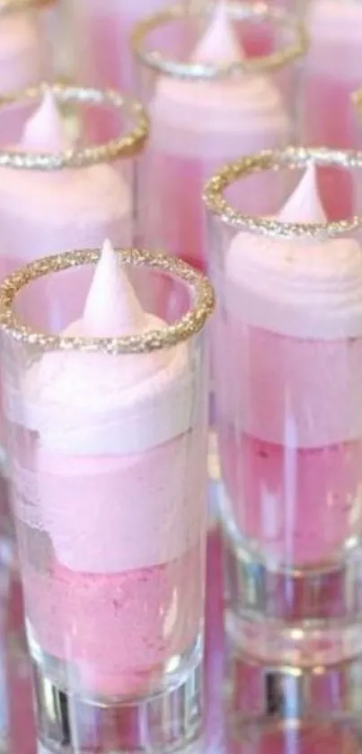 Elegant pink whipped desserts in glitter-rimmed glasses.