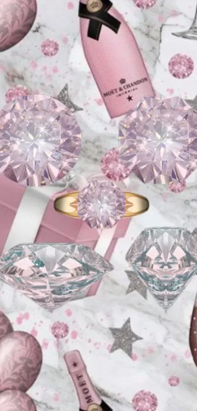 Elegant wallpaper with pink diamonds, champagne, and gifts.