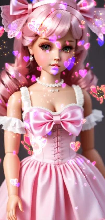 Elegant portrait of a pink-haired doll in a frilly dress.