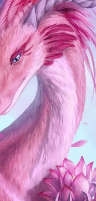 Fantasy art of a pink dragon holding a flower.