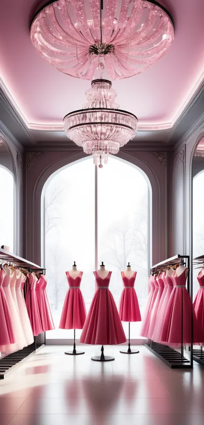 A chic boutique with pink dresses under a stunning chandelier.