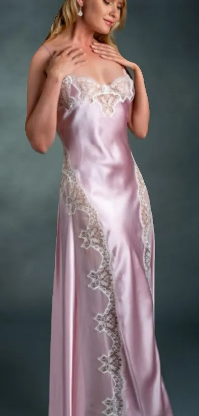 Elegant pink satin dress with lace.