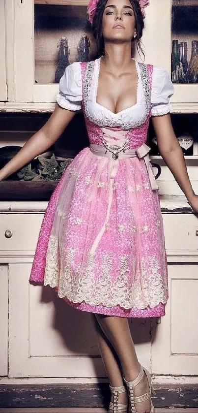 Woman in a traditional pink Bavarian dirndl dress poses elegantly.