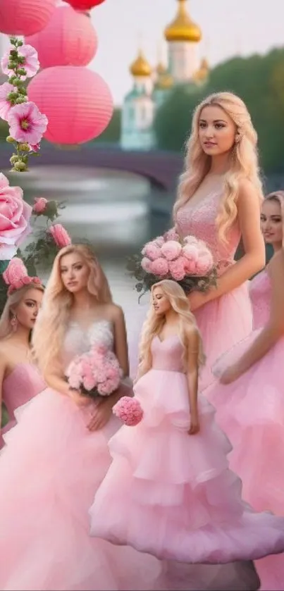 Elegant women in pink dresses with roses and dreamy background.