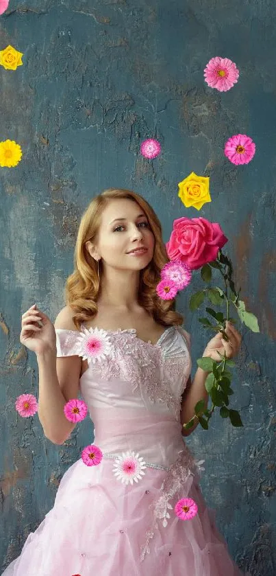 Woman in pink dress holding a pink rose against a blue-grey background.