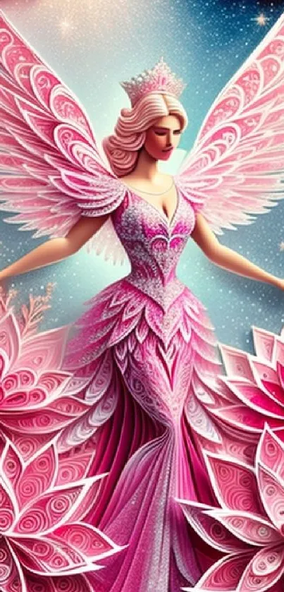 Elegant pink fairy with wings and floral dress on mobile wallpaper.