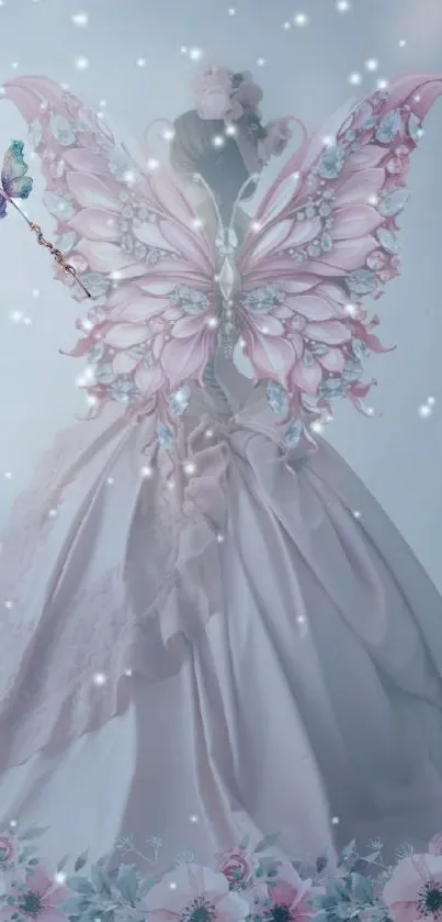 Elegant fairy in pink dress with butterfly wings and floral accents.