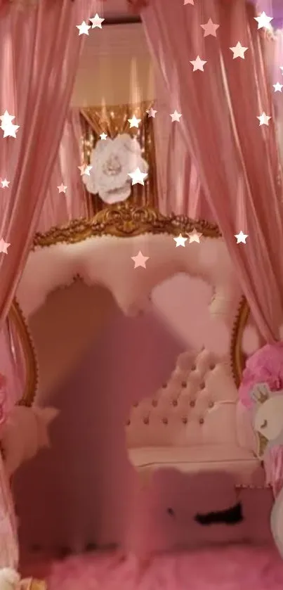 Luxurious pink setting with curtains and stars.