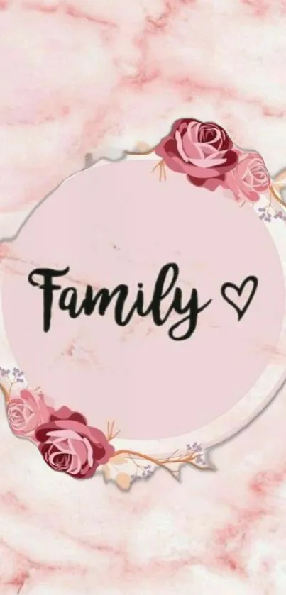 Pastel pink wallpaper with roses and 'Family' text.