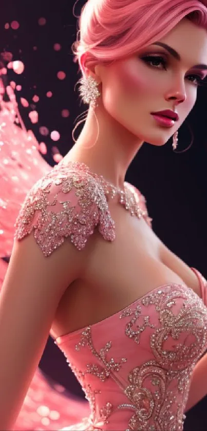 Elegant woman in pink gown holding a glass, set in a fantasy artwork scene.