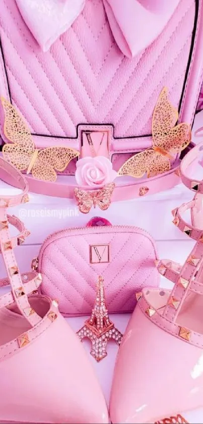 Elegant pink heels and purse with roses.