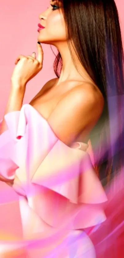 Fashionable woman in a pink-themed portrait.