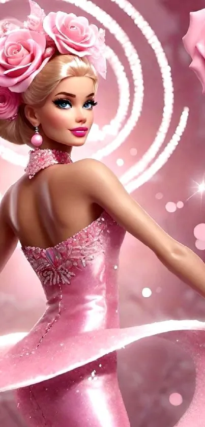 Elegant pink fashion model wallpaper with roses and sparkle design.