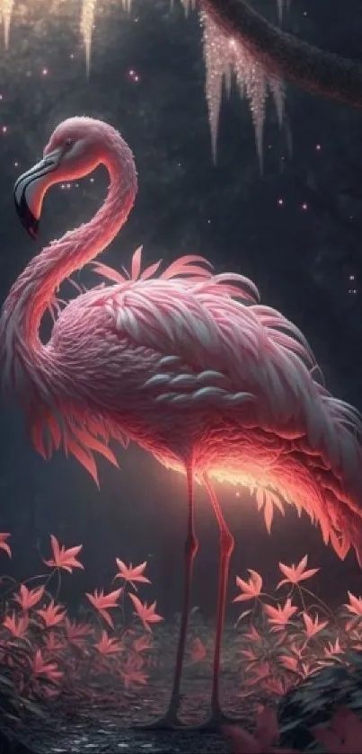 Pink flamingo surrounded by glowing flora in a mystical scene.