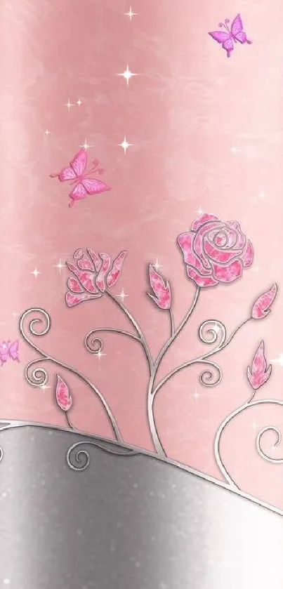 Elegant pink floral wallpaper with butterflies and silver accents.