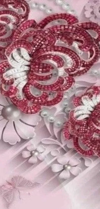 Pink and red floral wallpaper with pearls.